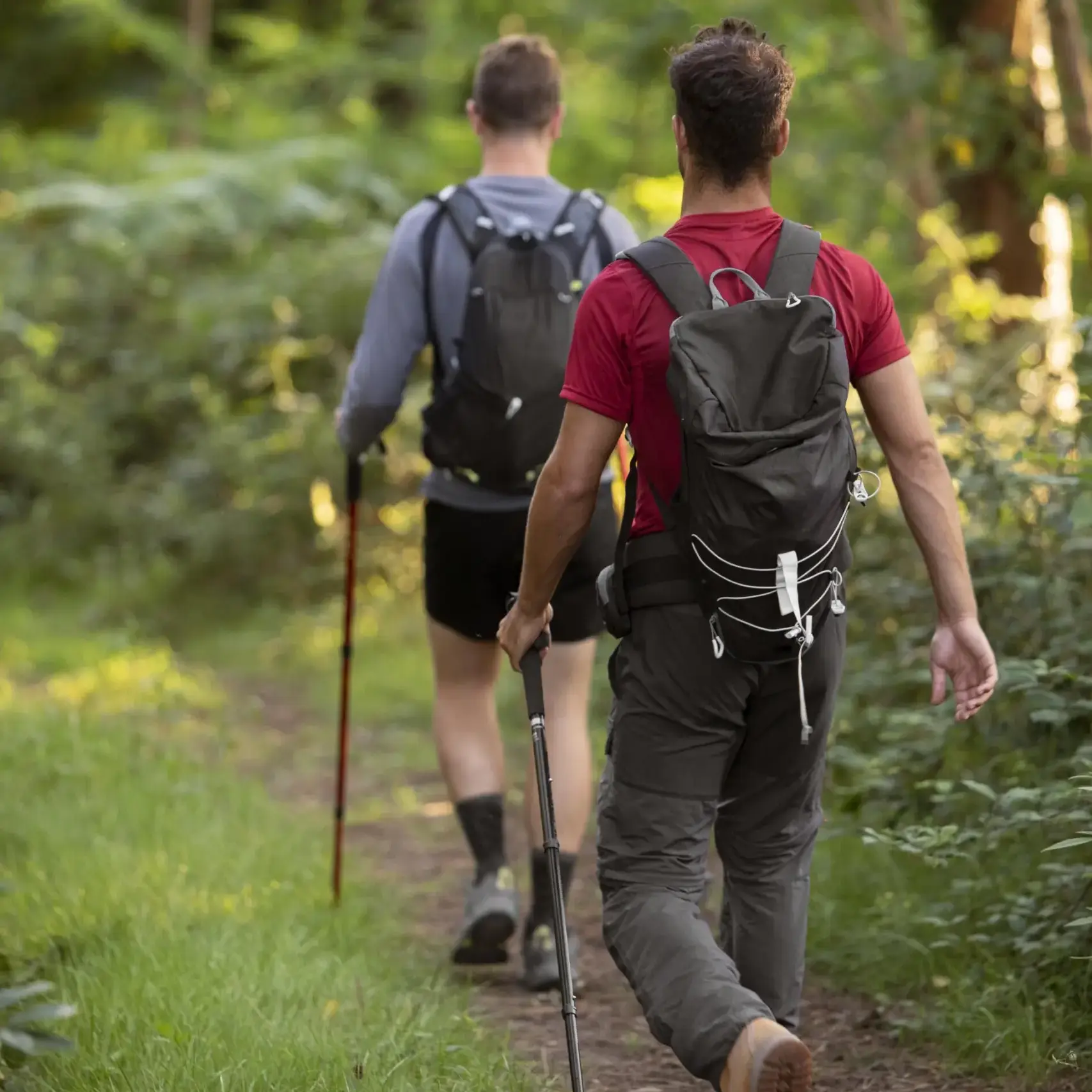 Two hikers walking a grassy woodland trail with trekking poles